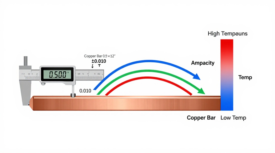Tolerance close-up and ampacity reference for a 0.5-inch-thick copper bar at 12-inch length.
