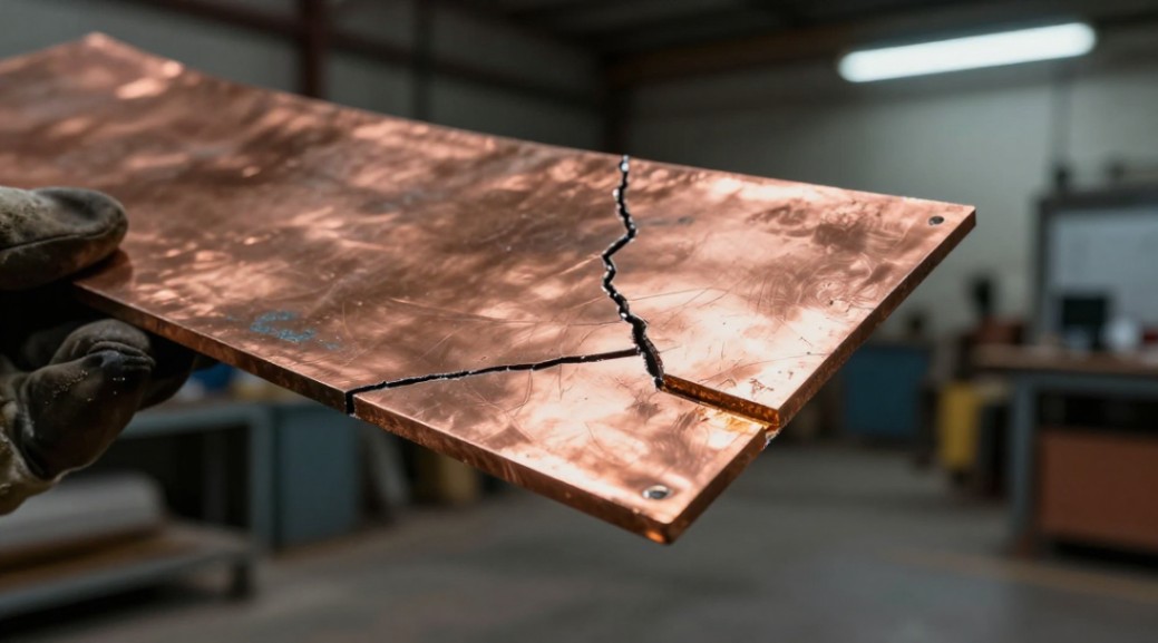 A brittle copper sheet cracking under bend stress.