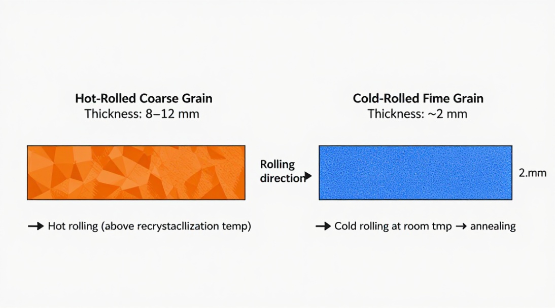 Figure 7: Microstructure comparison of hot-rolled vs cold-rolled C10200 copper strip.