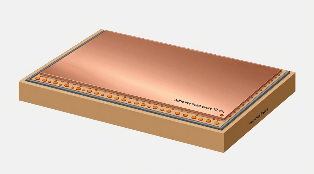 Recommended installation method for polished copper plate on a table base.