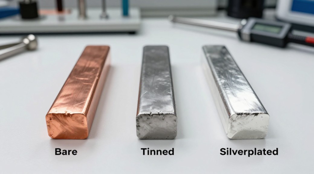 Comparison of common surface finish options: bare copper, tinned, and silver-plated (40mm x 5mm busbars).