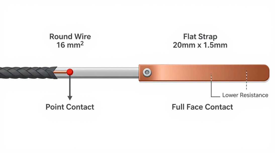 Round wire vs flat strap: point contact versus full face contact on a busbar.
