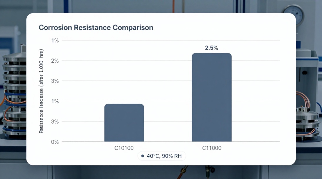 C10100 resistance increase after 1,000 hours is less than 0.1% vs 2.5% for C11000.